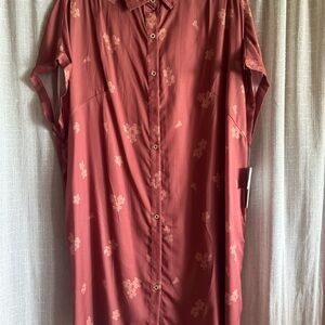 Rust Floral Button-Front Midi Shirt Dress